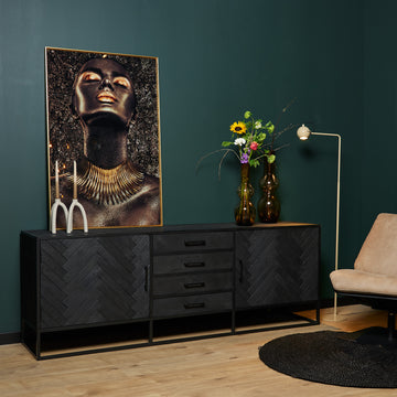 Sideboard - Mangoholz Schwarz, Fischgrätmuster, Vier Schubladen, 210 cm – New York | Starfurn