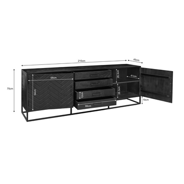 Sideboard - Mangoholz Schwarz, Fischgrätmuster, Vier Schubladen, 210 cm – New York | Starfurn