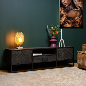 TV Stand – Sandblasted Mango Wood, Herringbone Inlay, Black Metal Frame – New York | Starfurn