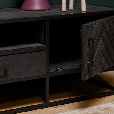 TV Stand – Sandblasted Mango Wood, Herringbone Inlay, Black Metal Frame – New York | Starfurn