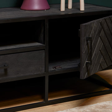 TV-Möbel - Mangoholz Schwarz, Fischgrätmuster, Offenes Fach, 165 cm – New York | Starfurn