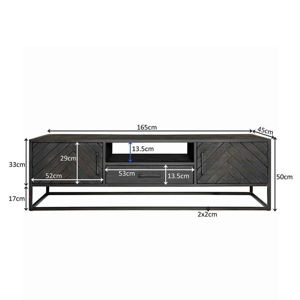 TV Stand – Sandblasted Mango Wood, Herringbone Inlay, Black Metal Frame – New York | Starfurn
