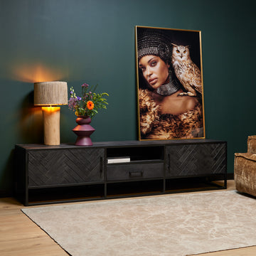 TV Unit - Sandblasted Mango Wood, Herringbone Inlay, Doors & Open Compartment - New York | Starfurn