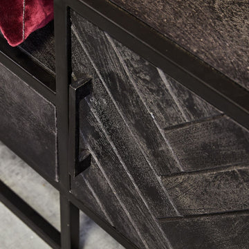 TV Unit - Sandblasted Mango Wood, Herringbone Inlay, Doors & Open Compartment - New York | Starfurn