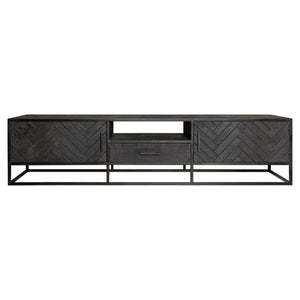 TV-Möbel - Mangoholz Schwarz, Fischgrätmuster, Offenes Fach, 210 cm – New York | Starfurn