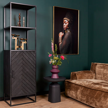 Bookcase – Sandblasted Solid Mango Wood, Door with Herringbone Inlay, Metal Frame & Handle – New York | Starfurn
