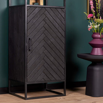 Bookcase – Sandblasted Solid Mango Wood, Door with Herringbone Inlay, Metal Frame & Handle – New York | Starfurn