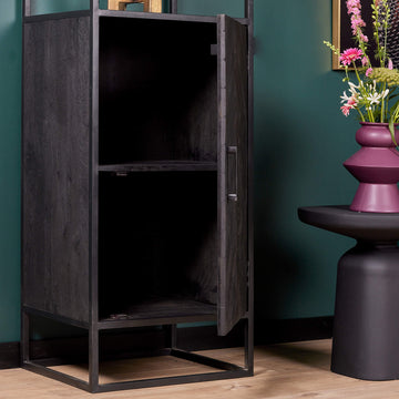 Bookcase – Sandblasted Solid Mango Wood, Door with Herringbone Inlay, Metal Frame & Handle – New York | Starfurn