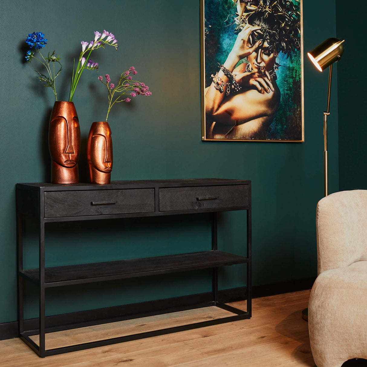Beistelltisch - Mangoholz Schwarz, Zwei Schubladen, Metallgestell, 120 cm – New York | Starfurn