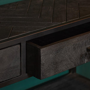 Beistelltisch - Mangoholz Schwarz, Zwei Schubladen, Metallgestell, 120 cm – New York | Starfurn