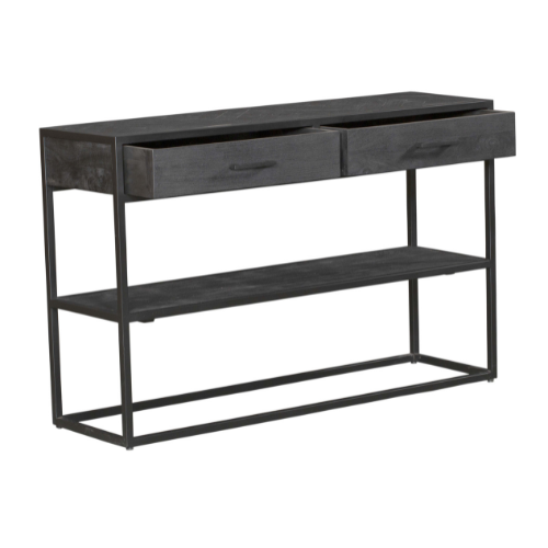 Beistelltisch - Mangoholz Schwarz, Zwei Schubladen, Metallgestell, 120 cm – New York | Starfurn