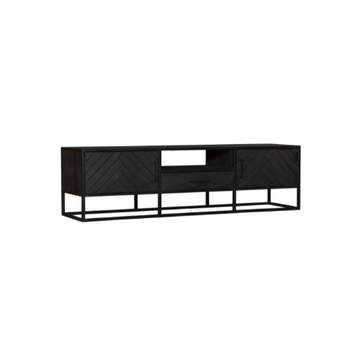 TV-Möbel - Mangoholz Schwarz, Fischgrätmuster, Offenes Fach, 180 cm – New York | Starfurn