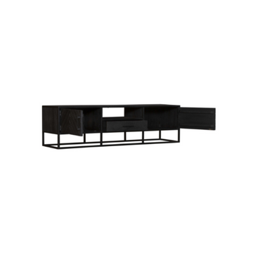 TV-Möbel - Mangoholz Schwarz, Fischgrätmuster, Offenes Fach, 180 cm – New York | Starfurn