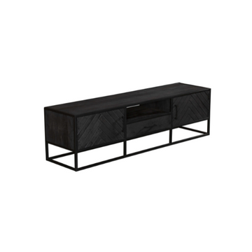 TV-Möbel - Mangoholz Schwarz, Fischgrätmuster, Offenes Fach, 180 cm – New York | Starfurn