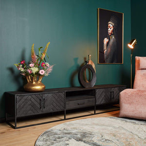 TV Unit – Herringbone Pattern, Sandblasted Mango Wood, Metal Frame – New York | Starfurn