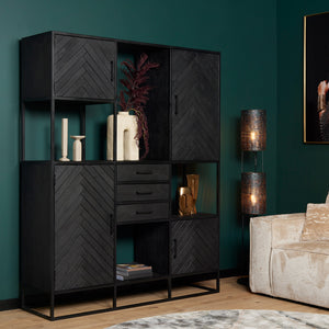 Bookshelf – Sandblasted Mango Wood, Herringbone Pattern, Black Lacquer Finish & Metal Frame – New York | Starfurn