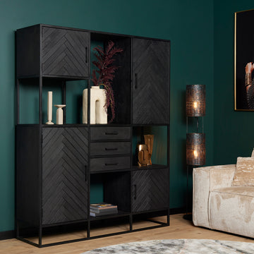 Regal - Mangoholz Schwarz, Fischgrätmuster, Metallrahmen, 160 cm – New York | Starfurn