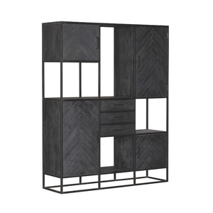 Bookshelf – Sandblasted Mango Wood, Herringbone Pattern, Black Lacquer Finish & Metal Frame – New York | Starfurn