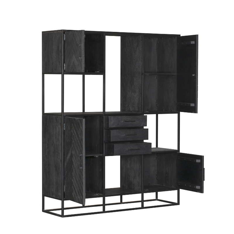 Bookshelf – Sandblasted Mango Wood, Herringbone Pattern, Black Lacquer Finish & Metal Frame – New York | Starfurn