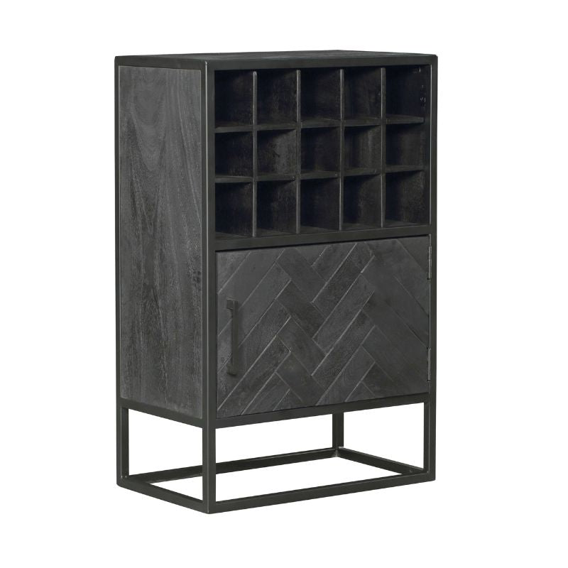 Wine Cabinet – Black Mango Wood, Herringbone Pattern, Black Metal – New York | Starfurn