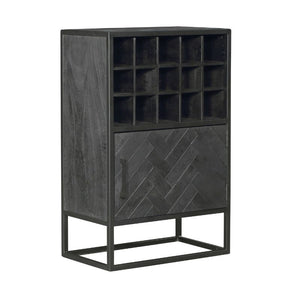 Wine Cabinet – Black Mango Wood, Herringbone Pattern, Black Metal – New York | Starfurn