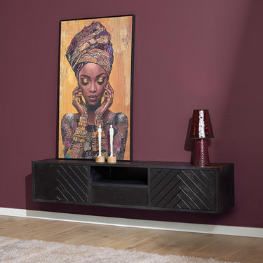 Floating TV Unit – Sandblasted Mango Wood, Herringbone Front, Open Storage Compartment – New York | Starfurn
