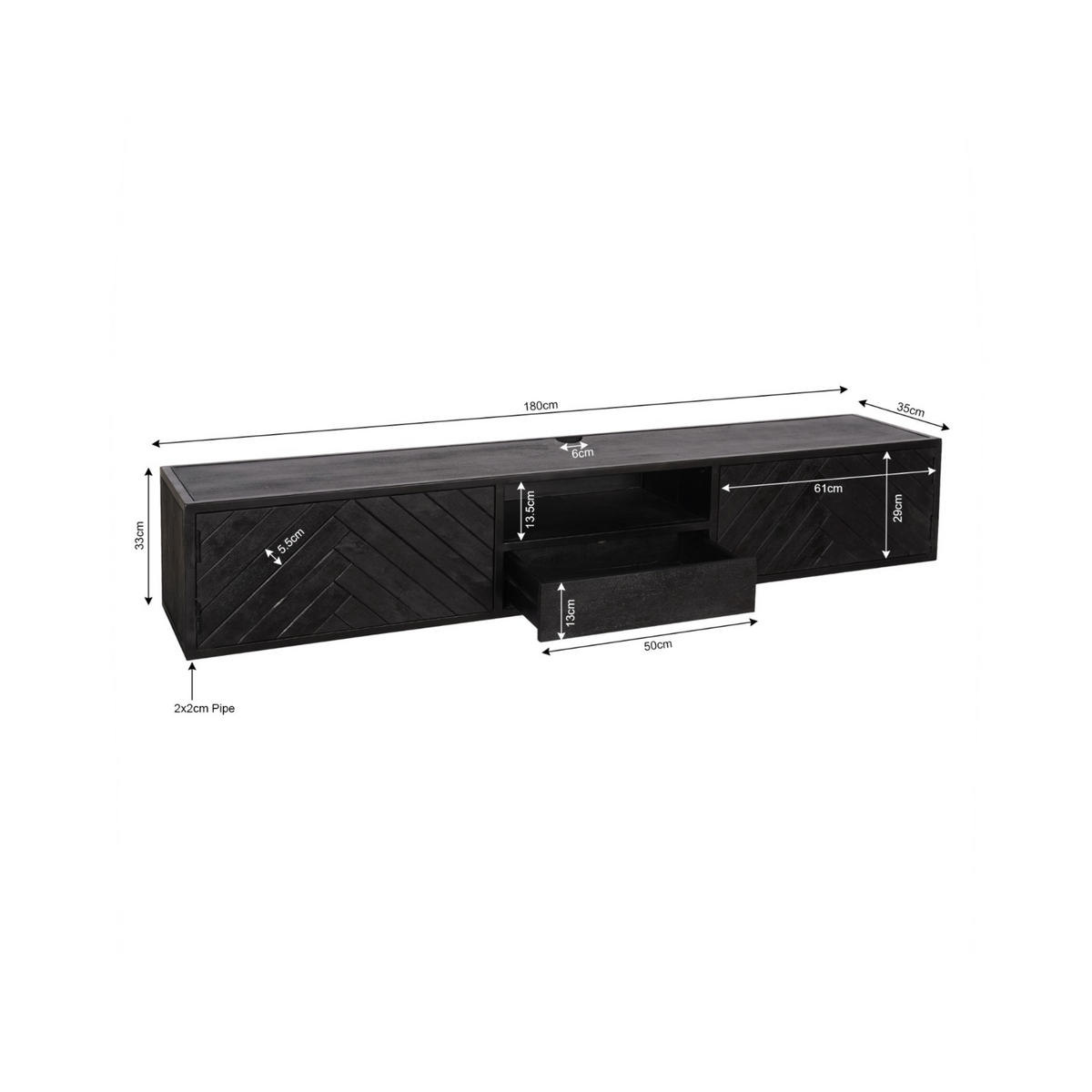 TV-Möbel - Mangoholz Schwarz, Fischgrätmuster, Offenes Fach, 180 cm – New York | Starfurn