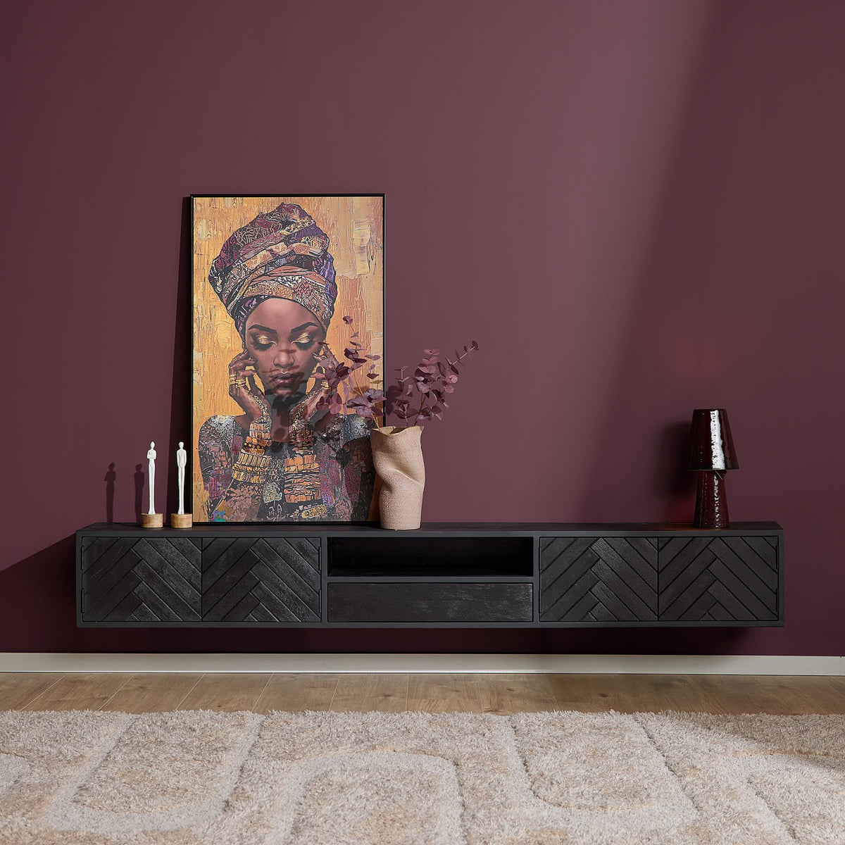 Floating TV Unit - Mango Wood, Sandblasted Look, Herringbone Pattern - New York | Starfurn