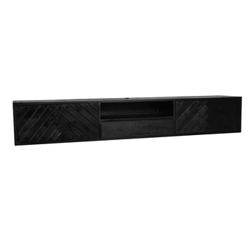 Floating TV Unit - Sandblasted Mango Wood, Herringbone Front, Open Compartment - New York | Starfurn