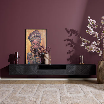 Floating TV Unit - Sandblasted Mango Wood, Herringbone Front, Open Compartment - New York | Starfurn
