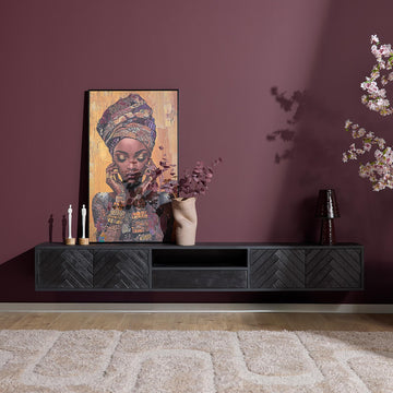 Floating TV Unit - Sandblasted Mango Wood, Herringbone Front, Open Compartment - New York | Starfurn