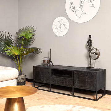 TV-Möbel – Schwarzes Mangoholz, Schwarzes Metallgestell, Offenes Fach, 145 cm – Denver | Starfurn