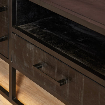 TV-Möbel – Schwarzes Mangoholz, Schwarzes Metallgestell, Offenes Fach, 145 cm – Denver | Starfurn