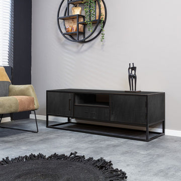 TV-Möbel – Schwarzes Mangoholz, Schwarzes Metallgestell, Offenes Fach, 145 cm – Denver | Starfurn