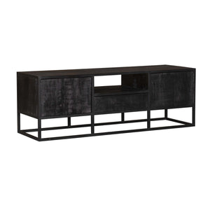 TV-Möbel – Schwarzes Mangoholz, Schwarzes Metallgestell, Offenes Fach, 145 cm – Denver | Starfurn