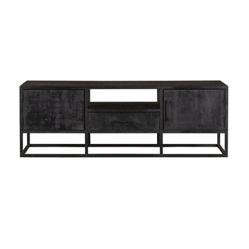 TV-Möbel – Schwarzes Mangoholz, Schwarzes Metallgestell, Offenes Fach, 145 cm – Denver | Starfurn
