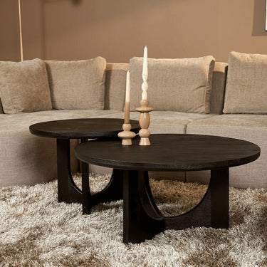 Coffee table – Mango wood table top, solid wood frame, round shape – Guus | Starfurn