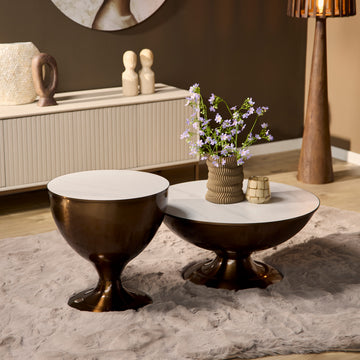 Couchtisch – Marmorplatte, Goldene Metallbasis, Zwei Tische - Ava | Starfurn