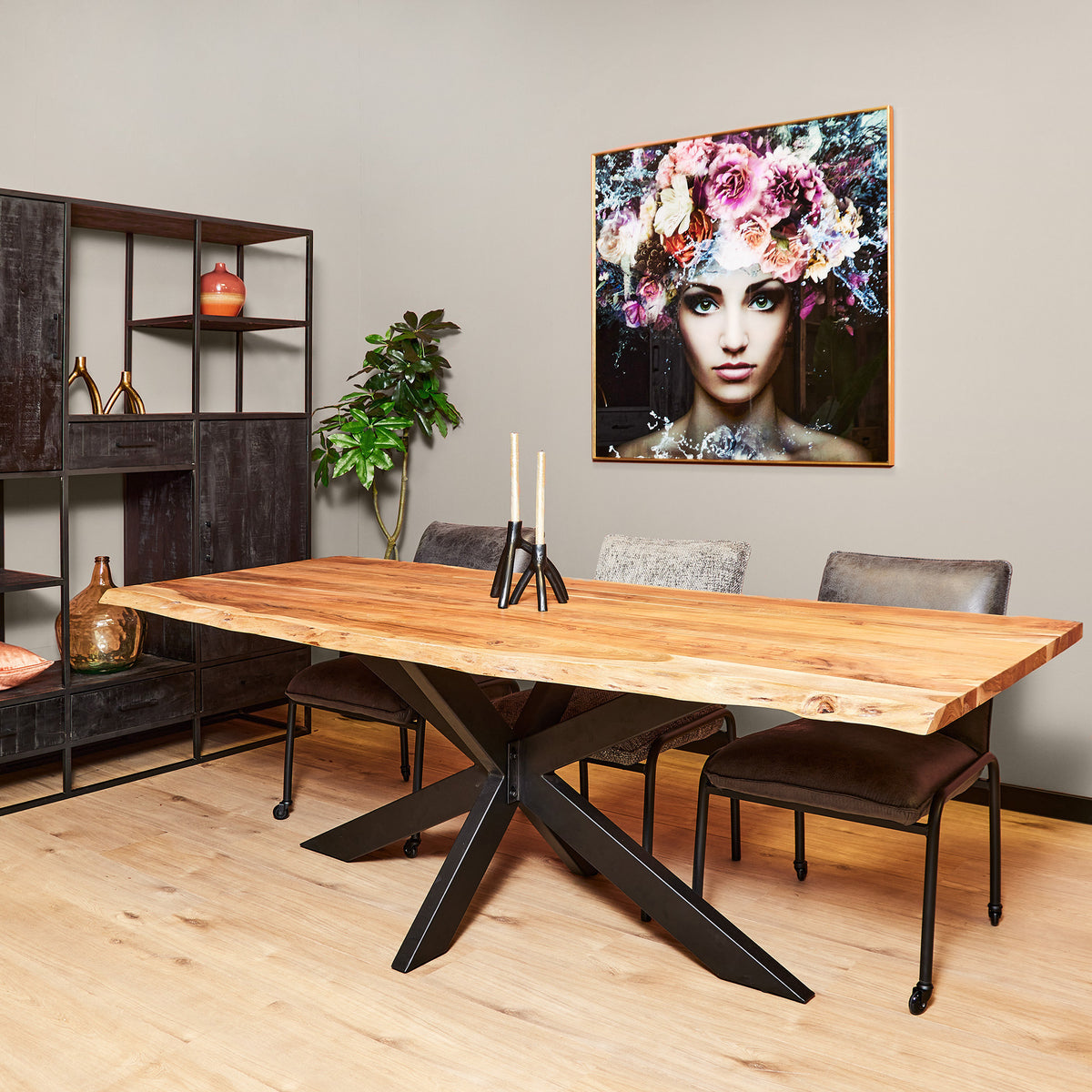Dining Table – Live Edge Design, Solid Acacia Wood, Metal Matrix Frame | Starfurn