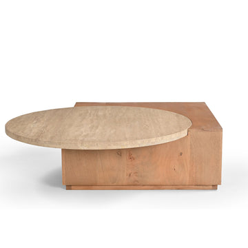 Couchtisch – Mangoholz Basis, Travertin Platte, Runde Form – Numa | Starfurn