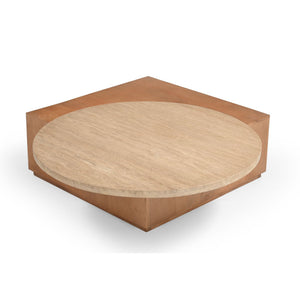 Couchtisch – Mangoholz Basis, Travertin Platte, Runde Form – Numa | Starfurn