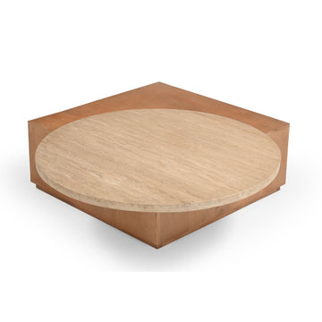 Couchtisch – Mangoholz Basis, Travertin Platte, Runde Form – Numa | Starfurn