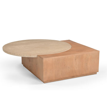 Couchtisch – Mangoholz Basis, Travertin Platte, Runde Form – Numa | Starfurn
