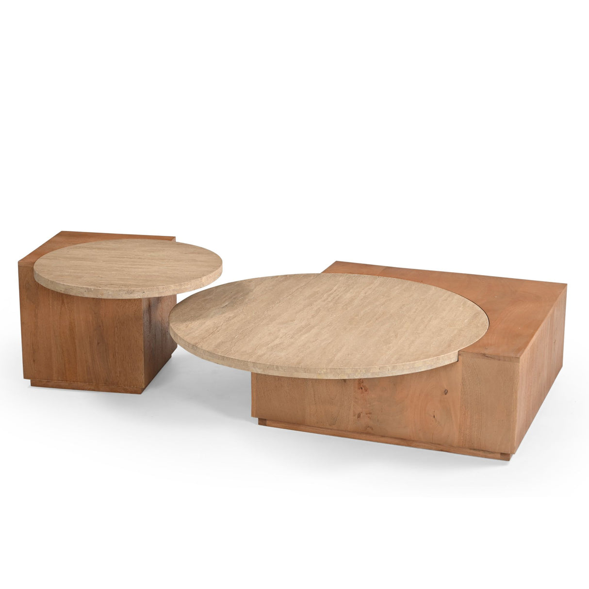 Side Table – Travertine Top, Round Shape, Wooden Base – Numa | Starfurn