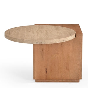 Side Table – Travertine Top, Round Shape, Wooden Base – Numa | Starfurn
