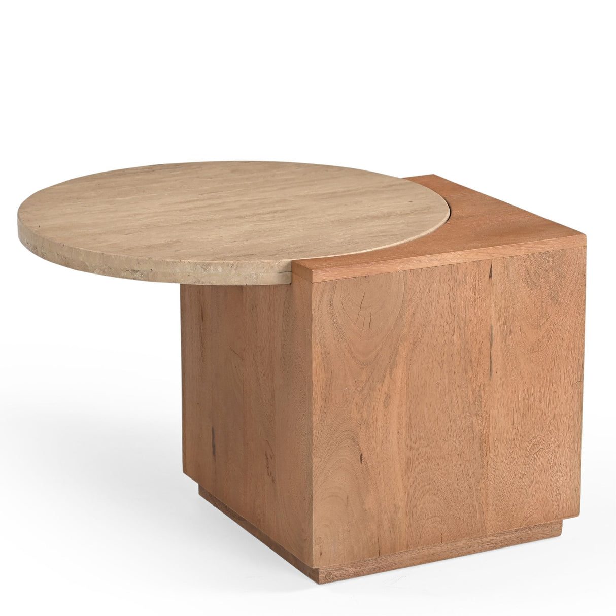 Side Table – Travertine Top, Round Shape, Wooden Base – Numa | Starfurn