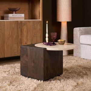 Side Table – Travertine Top, Round Shape, Wooden Base – Numa | Starfurn