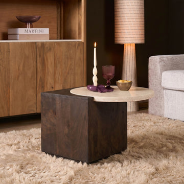 Beistelltisch – Mangoholz Gestell, Travertin Platte, Runde Form – Numa | Starfurn