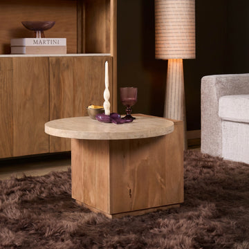 Beistelltisch – Travertin Naturstein Platte, Massives Mangoholz, Organisches Design - Numa | Starfurn