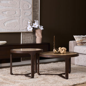 Couchtisch - Travertin Platte, Mangoholz Braun, Runde Form, 60 cm – Morris | Starfurn